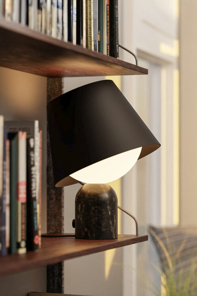 marble-based Dude Lamp in two classic colors: Marquina Black. To warm up the possible chilliness of marble, the lamp’s designer dreamed up an oversized bulb and shade combination that vividly brings the product to life.