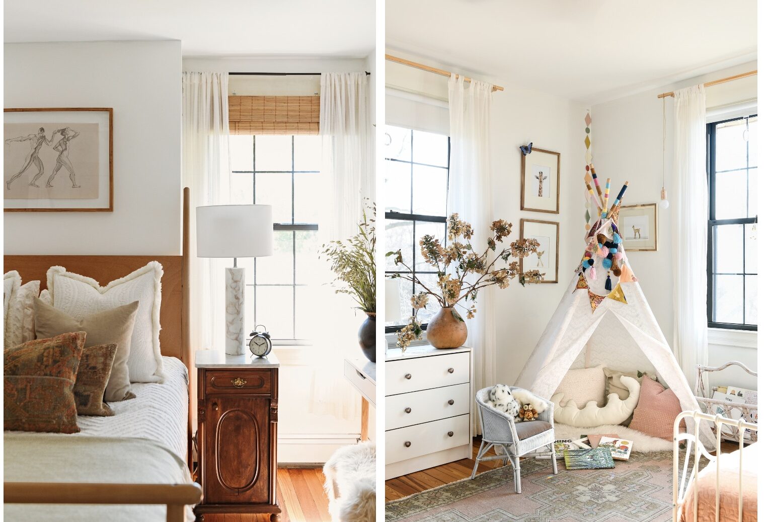 An adult bedroom sits to the left while a child's tent in their room sits to the right.