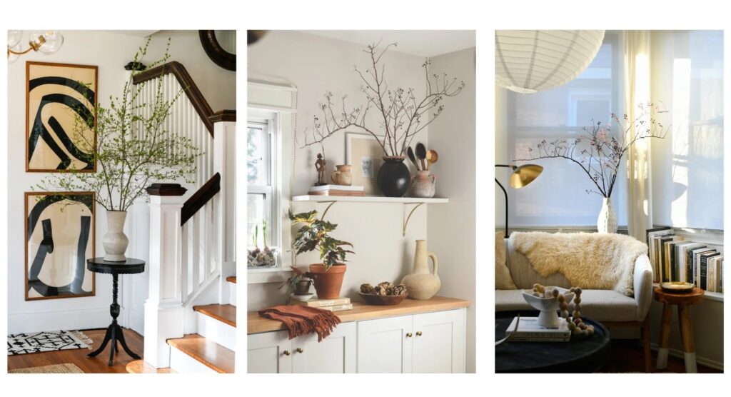 Different sections of Erin Kelly's home like the staircase, cabinets, and living room.