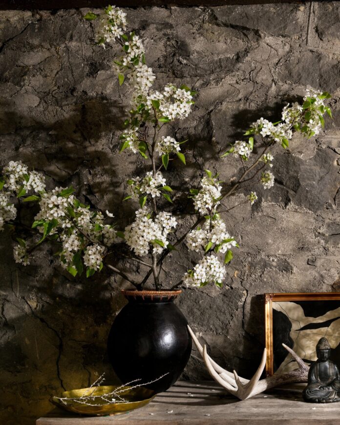 A flower pot with white flowers coming out of it against a greywash wall.