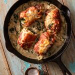 A cast iron pan on a picnic table with chicken roll ups sitting in a creamy sauce with two small containers of salt and pepper below.