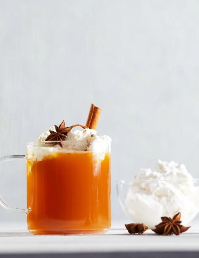 Mulled Apple Cider with Rum and Vegan Whipped Cream A glass mug of mulled apple cider topped with vegan whipped cream, a cinnamon stick, and a star anise pod.