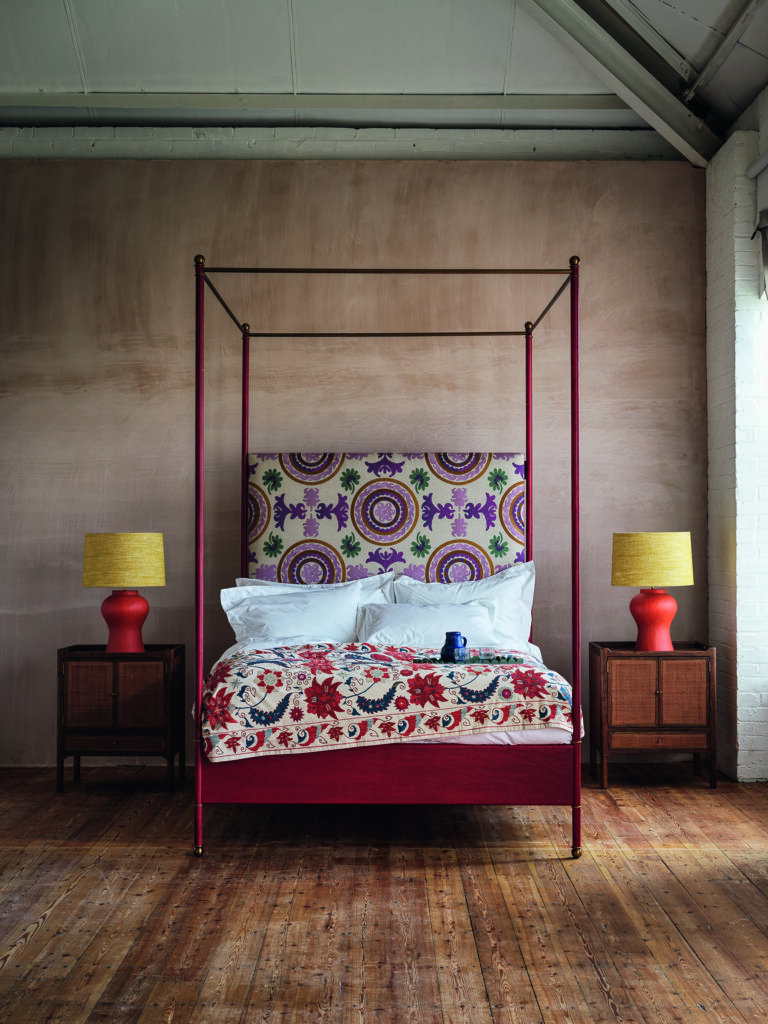 The Rita Four-Poster Canopy Bed by Julian Chichester delivers a splash of classic red. The exact shade is neither hushed nor loud, but rather like a human pulse: warm, alive, resilient, and positive. jewel tone home design