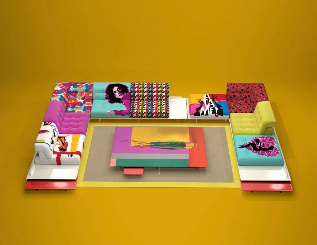A very brightly colored sectional with a colorful coffee table in the middle.