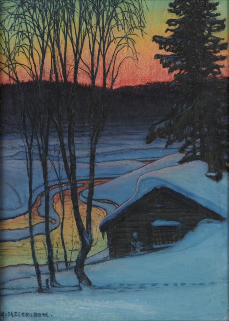 A Scandinavian landscape with the sun setting.