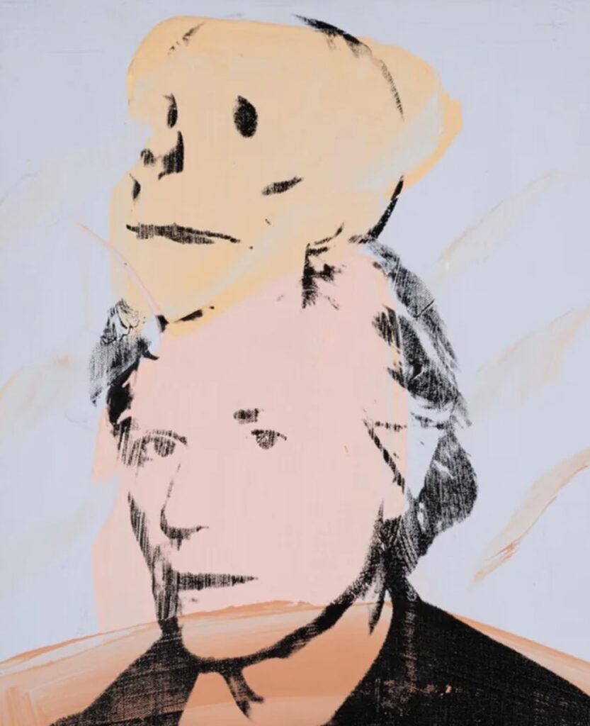 A portrait of Andy Warhol with a skull on top of his head.