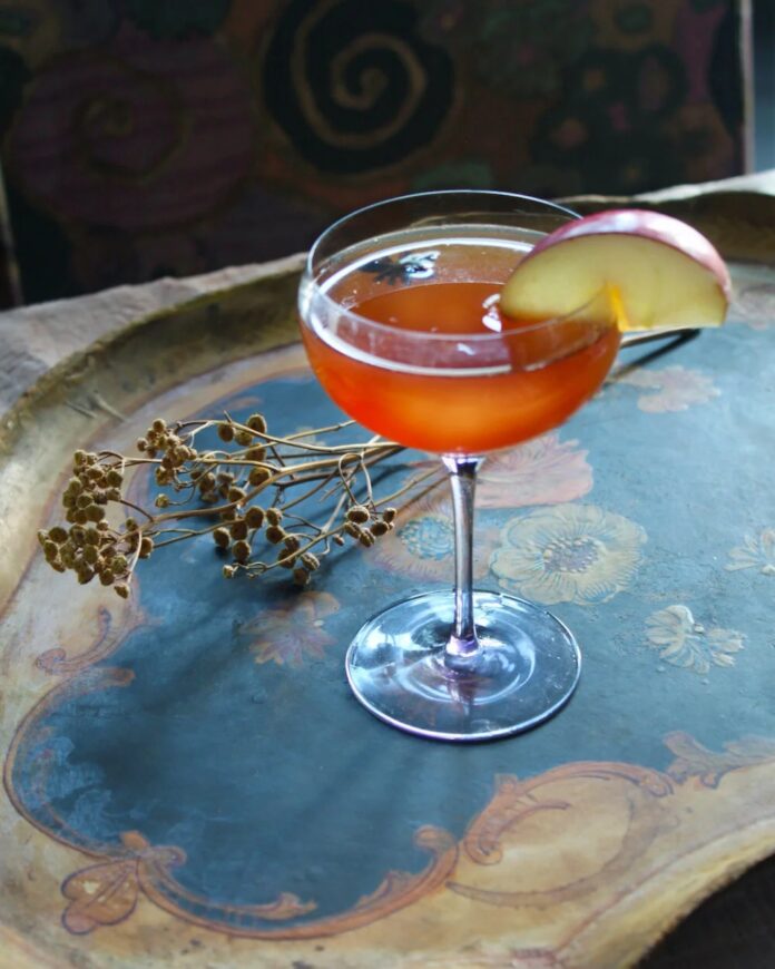 The Ichabod Crane Cocktail A reddish-orange cocktail in a coupe glass, garnished with a thin apple slice, and resting on a rustic serving tray with dried foliage.