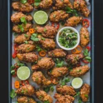 An above shot of a baking sheet filled with Vietnamese Chicken Wings.