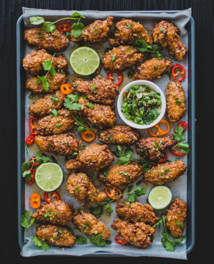 An above shot of a baking sheet filled with Vietnamese Chicken Wings.