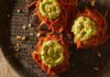Vindaloo Soba Noodles Soba noodles tossed in vindaloo sauce, arranged in nests and topped with edamame puree.