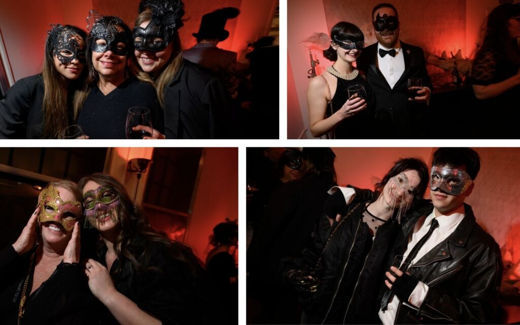 A collage of pictures from a Black and White Ball with people wearing masks.