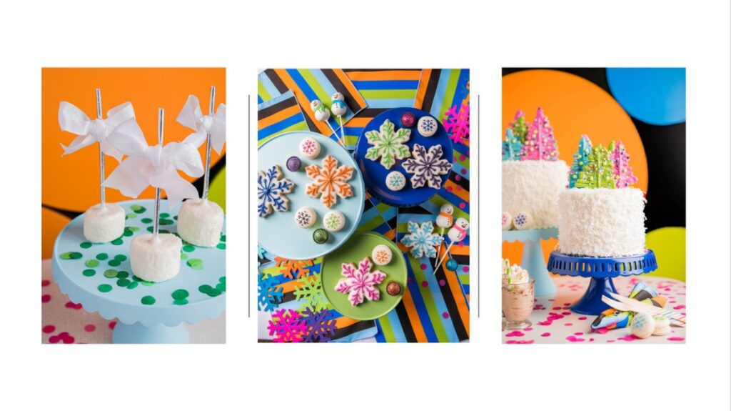 A collage of three close-up photos of desserts from a winter party, featuring sugar-dusted marshmallows, snowflake-shaped sugar cookies, and a coconut-flaked cake.