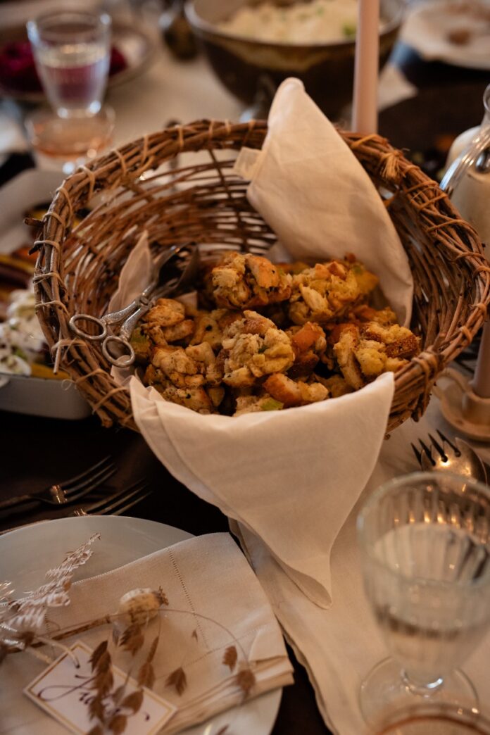 Filling (Stuffing) Balls A basket full of filling (stuffing) balls on a dining table on top of a white napkin.