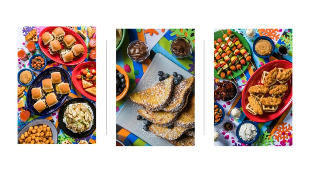 A collage of three photos showing various foods for a children's party, including sliders and skewers, French toast, and chicken and waffles.