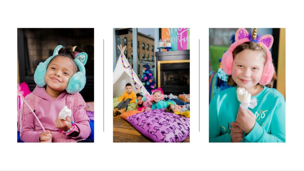 A collage of three photos from a children's party, featuring a girl with unicorn earmuffs, a group of kids by a fireplace, and a boy with reindeer earmuffs enjoying a treat.
