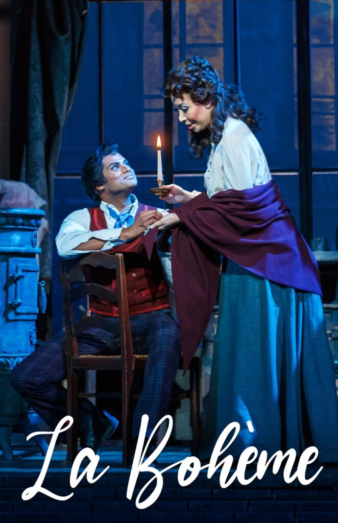A man sits in a chair looking up at a woman holding a candle.