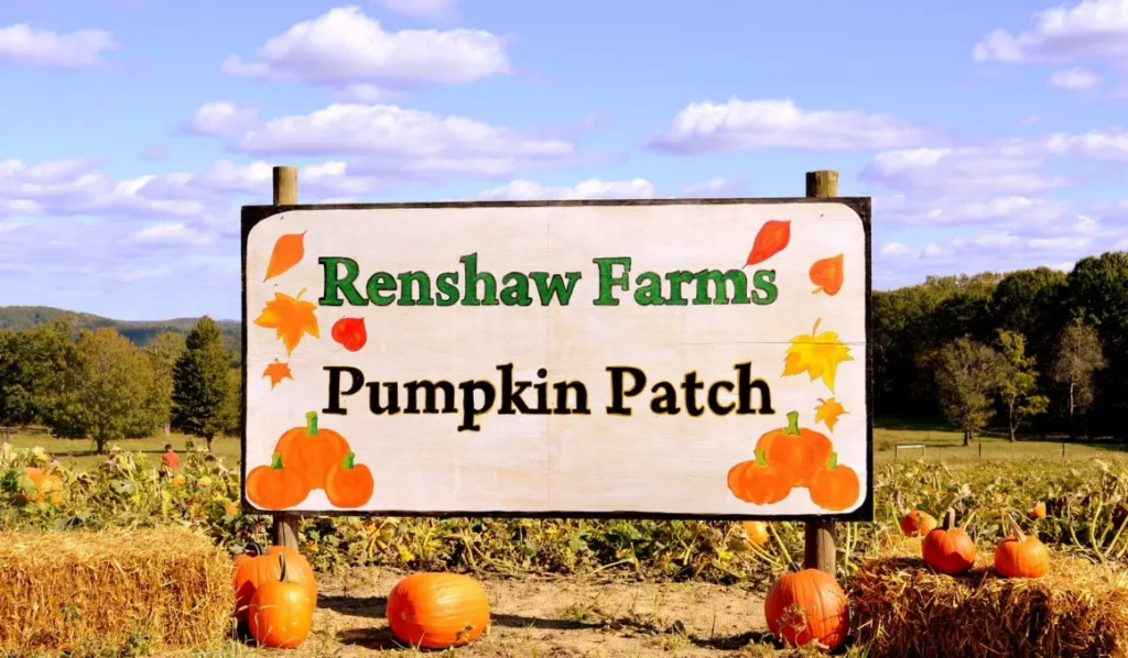 Renshaw Farms pumpkin patch sign with pumpkins and hay bales, a Pittsburgh area attraction.