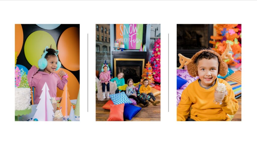 A collage of three vibrant photos from a kids' party, featuring a girl with unicorn earmuffs, a group of kids by a fireplace, and a boy with reindeer earmuffs enjoying a treat.
