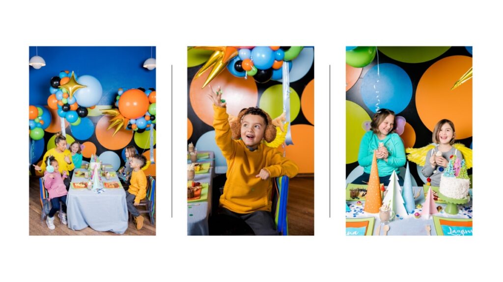 A collage of three photos from a winter-themed kids' party at a cafe, showing children sitting at a table decorated with desserts and balloons.