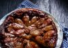 Pear Tarte Tatin with Walnuts, Ginger and Appelstroop A pear crostata with maple syrup sitting on a pattern plate.