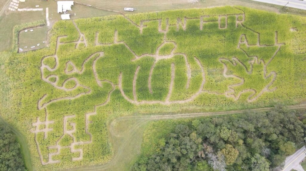 Aerial view of a corn maze in a Pittsburgh pumpkin patch with "Fall Fun For All" text.