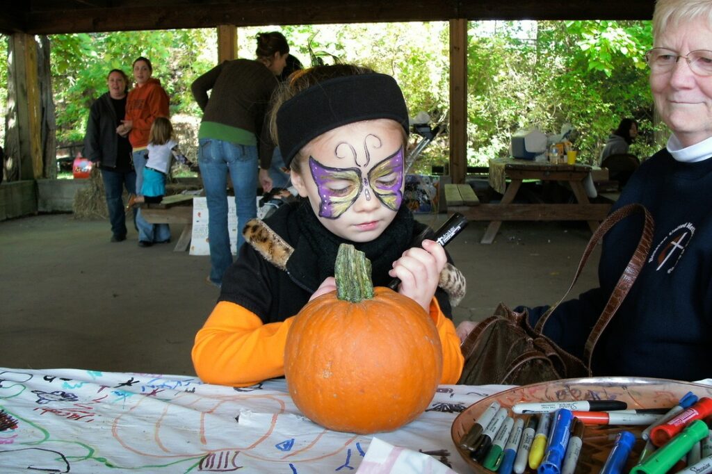 Child with butterfly face paint at a Pittsburgh fall festival event.