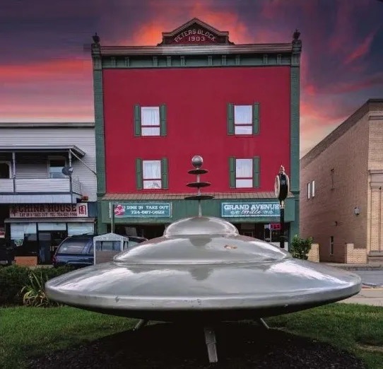 UFO sculpture outside Peters Block building, Pittsburgh
