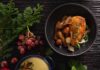 Chicken Forestiere, Pearl Onions, Fingerling Potatoes, and Swiss Chard Chicken Forestiere, Pearl Onions, Fingerling Potatoes, and Swiss Chard and Chawanmushi by Chef Roger Li