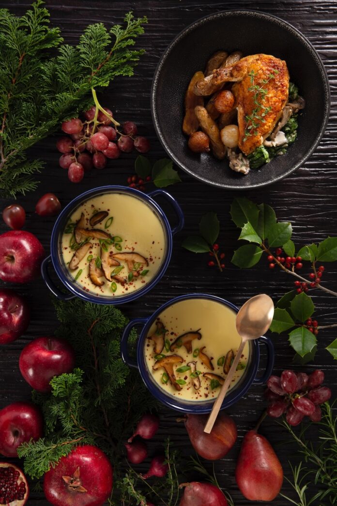 Chawanmushi by Chef Roger Li Chicken Forestiere, Pearl Onions, Fingerling Potatoes, and Swiss Chard and Chawanmushi by Chef Roger Li