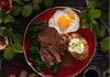 Commonplace Coffee-Crusted Steak Smoked Bacon and Wild Mushroom Rigatoni and Commonplace Coffee-Crusted Steak and Duck Egg with Baked Potatoes, Kale, and Red-Eye Gravy