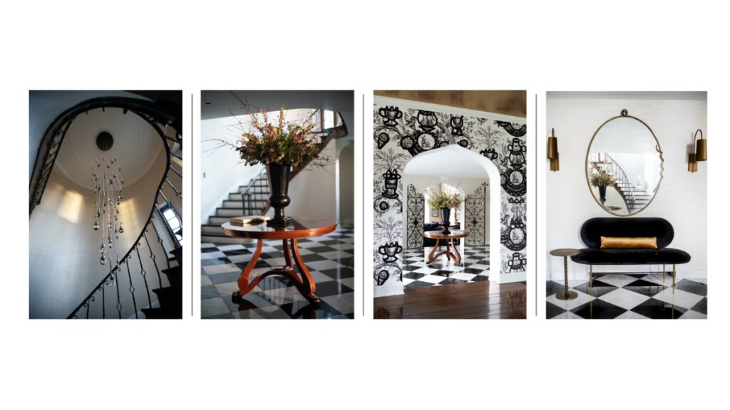 A vertical-split image showing a modern chandelier hanging over a spiral staircase on the left, and a round wooden console table with a large floral arrangement at the base of the staircase on the right, both featuring black and white checkerboard floors.