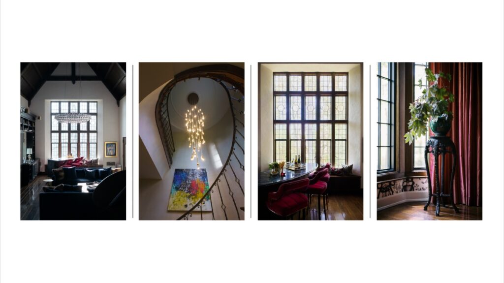 Colorful abstract paintings, with the second from the left being an acrylic on canvas by Mia Tarducci, framed by a decorative floral wallpaper.