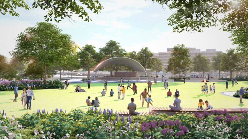 A mock up of a future project with a green lawn and people on it.