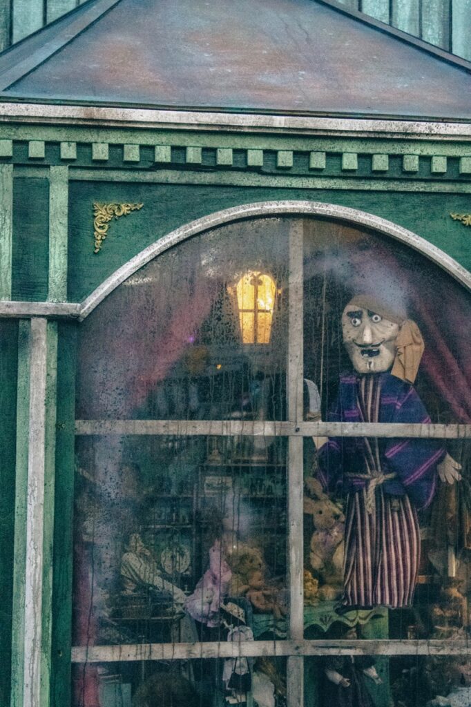 Outside of a puppet shop window with one looking out.