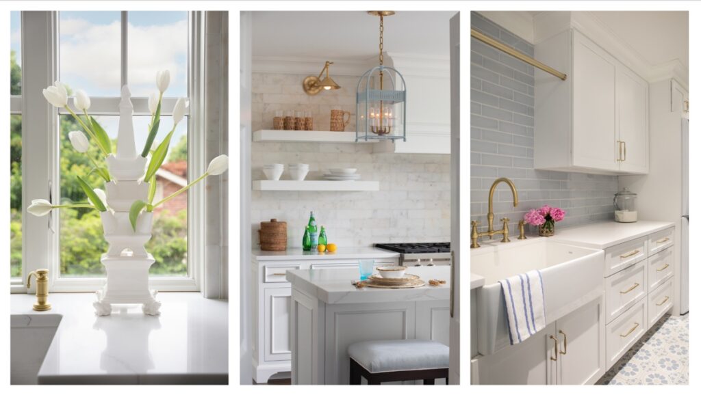 Triptych image showing a kitchen with white tulips, a marble island with a light blue lantern pendant, and a white farm sink with blue subway tile in the adjacent laundry room.