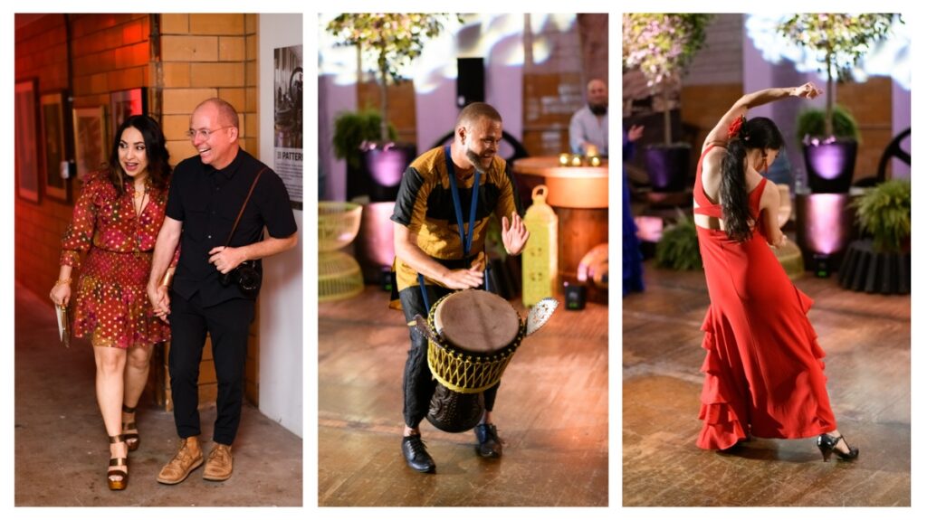 A birthday party triptych showing the guest of honor and partner arriving, a djembe drum performer, and a flamenco dancer in a red dress, representing the Moroccan-themed entertainment.