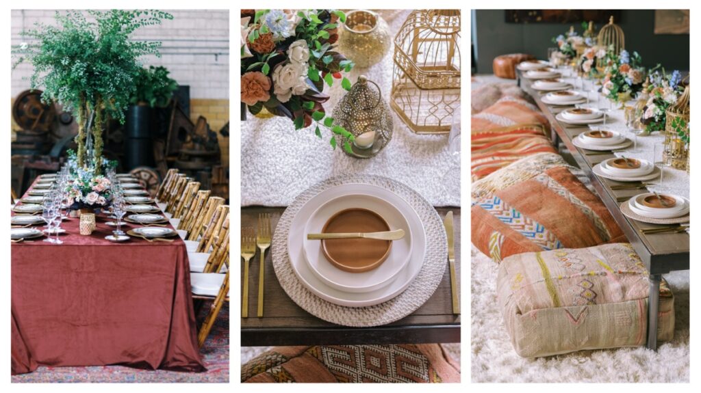 Moroccan-themed party decor triptych showing a long dining table with red velvet cloth, a place setting with gold utensils, and low seating with patterned pillows and poufs.