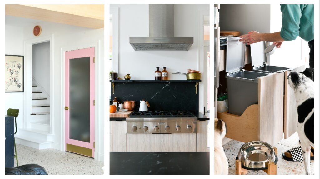 A bright, open-concept kitchen view showing a full wine column and integrated refrigerator, alongside light wood cabinets, and an expansive terrazzo-inspired floor.