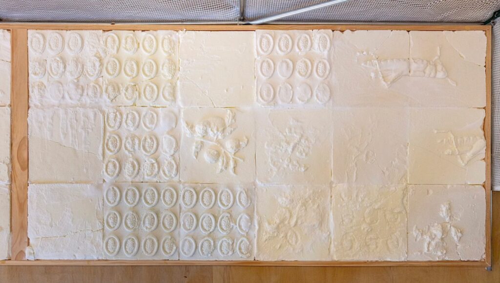 A display of salt sculptures in patterns.