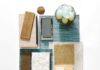 Taking Kitchen Design Inspiration from Nature Interior design mood board inspired by a blue butterfly, showing samples of turquoise tile, woven brass, bamboo, and basalt stone.