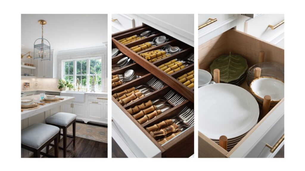 Triptych showing a white kitchen island with light blue barstools, a drawer of bamboo cutlery, and custom-organized plate storage.