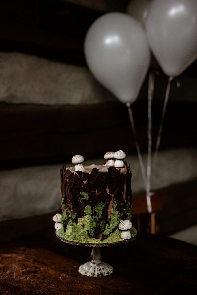 A dark chocolate layer birthday cake decorated with edible bark, green moss, and white meringue mushrooms, with two white balloons out of focus in the background.