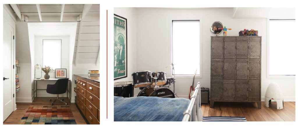 A collage showing two rooms in a renovated Pittsburgh storefront home: a cozy attic office nook with a desk and colorful rug next to long wooden drawers, and a modern boy's bedroom with a drum set, vintage metal wardrobe, and contemporary artwork.