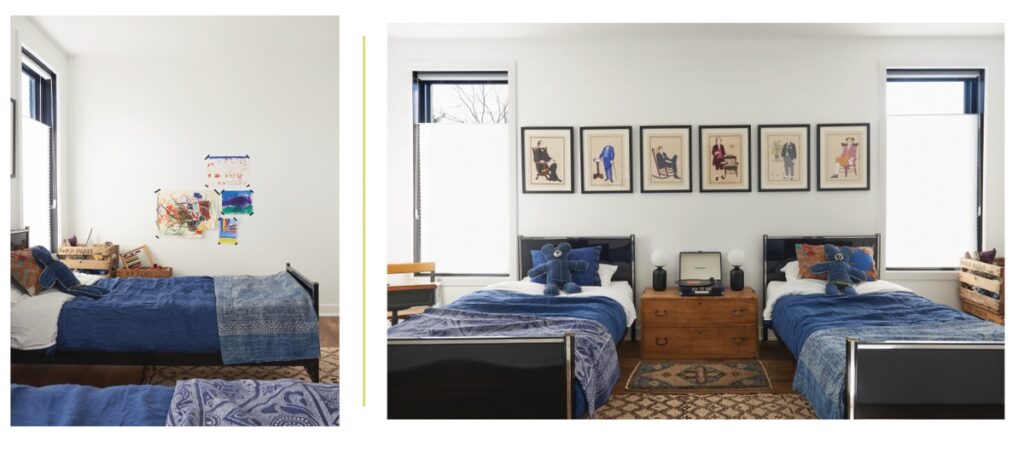 A simple space with a single bed and abstract children's artwork on the left, and a shared bedroom with two black beds, an antique dresser, and framed artwork on the right.