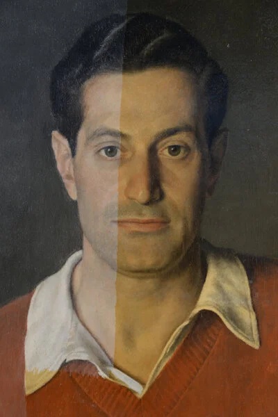A split-face comparison image of the portrait of Edgar Kaufmann Sr. showing the pre-conservation side (right) with a yellowed varnish layer and the recently conserved side (left) revealing the original colors and detail of his face and red sweater.