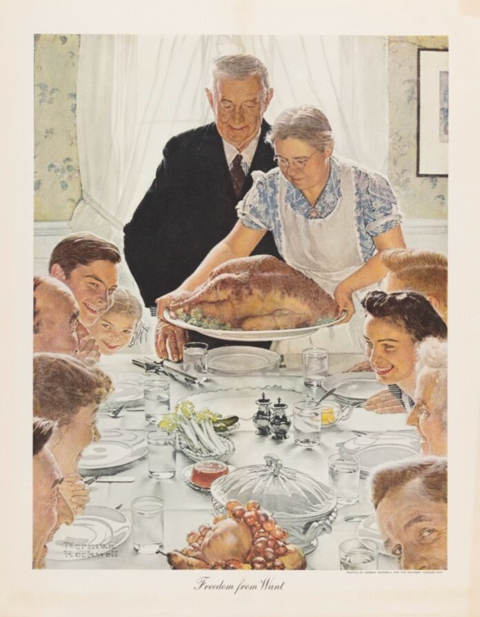 A group of people in a painting sit at a dining table while a man and woman place a turkey onto it.