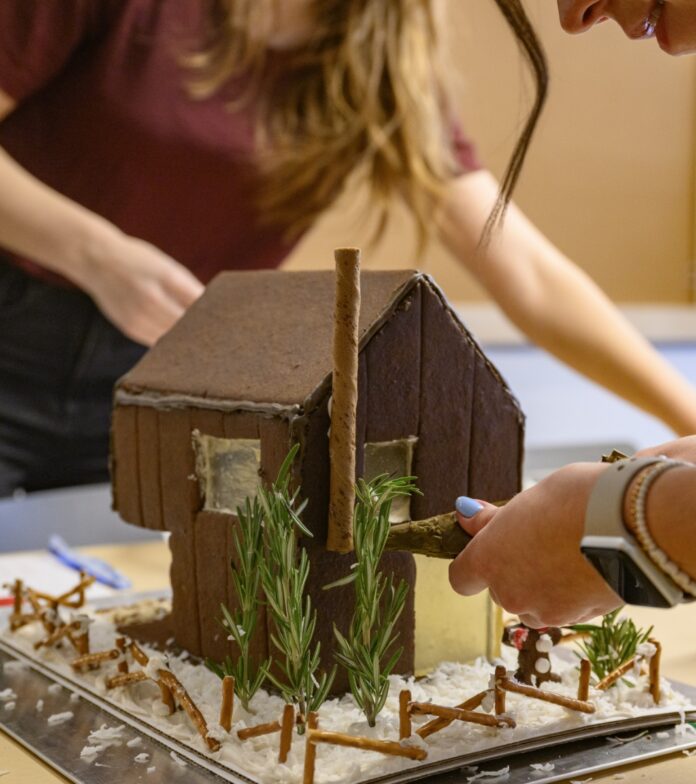 Decorating a gingerbread house cabin with rosemary bushes and pretzel fences on a white icing base, demonstrating a design competition.