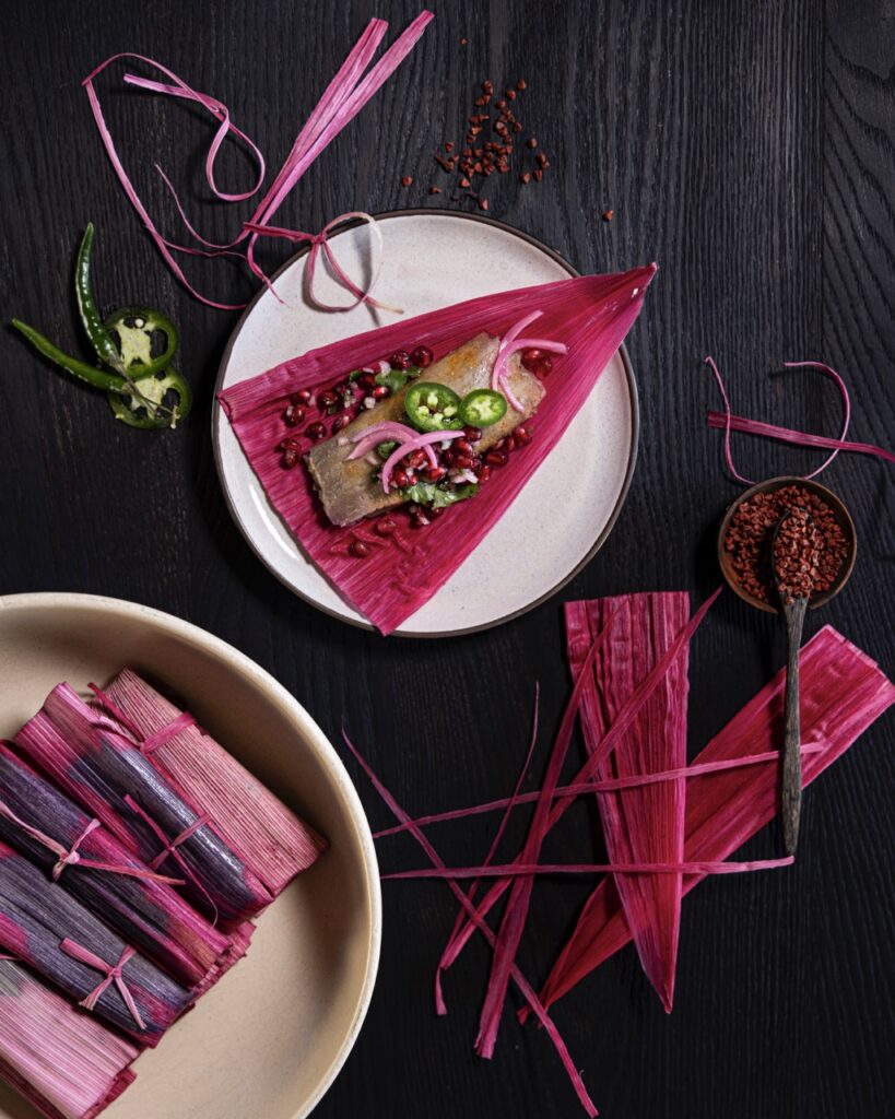 A small white plate with a hot pink tamale in a triangle shape and rolled tamales on a plate in the bottom left corner.