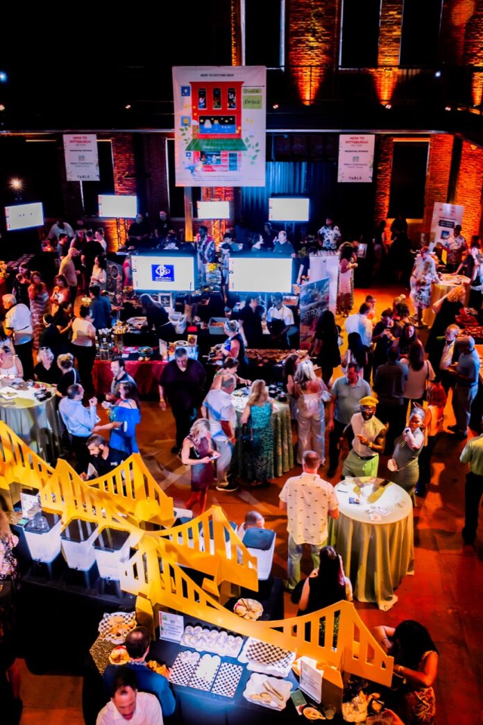 How to Pittsburgh Event TABLE Magazine 2 Groups of guests walk around a large party space.