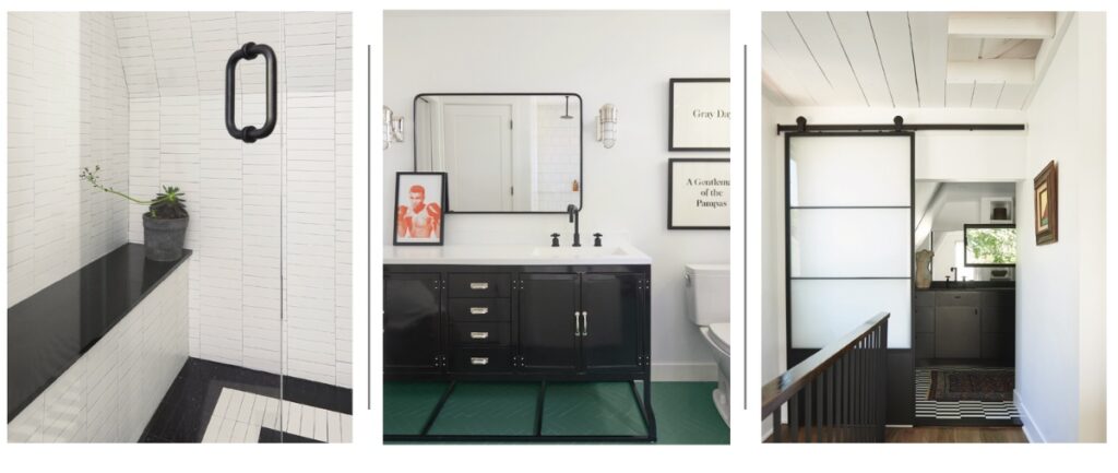 A three-panel collage showcasing a modern black and white bathroom renovation with a tiled shower bench, a black vanity with a white sink and green floor tiles, and a sliding glass barn door leading to a loft.